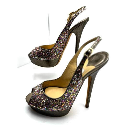 Jimmy Choo CLUE Multicolor Glitter Slingback Platform Open Sandals in sz 39.5 - Picture 12 of 14